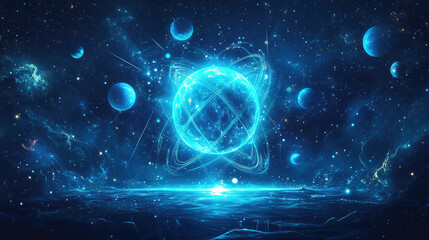 Fototapeta premium Electrons and atoms in the universe. Technology concept
