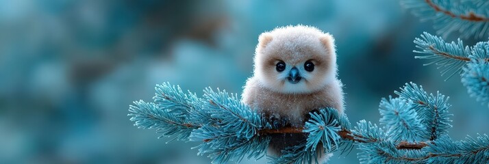 Cute Owl Chick Perched on Frosty Pine Branch