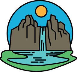 A mountain with a waterfall and a sun in the sky