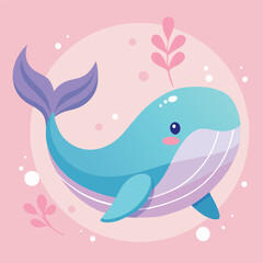 A cute little blue whale smiles brightly on a pastel pink background with bubbles spewing out.