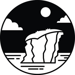 A rocky shoreline with a sky and a sun