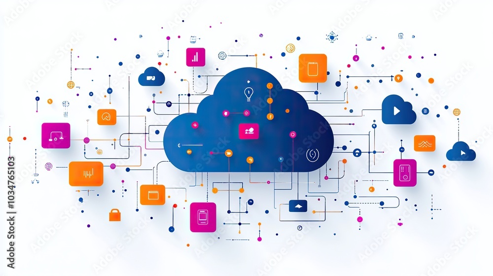 Poster cloud api integration with interconnected clouds dat flow lines and digital elements representing cl