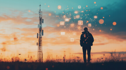 Silhouette of a person walking by a cell tower, icons of Wi-Fi, 5G, and data exchange floating above, symbolizing global connectivity