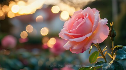Obraz premium Photography, pink rose flowers in the twilight, glowing, tile houses in the background, very beautiful