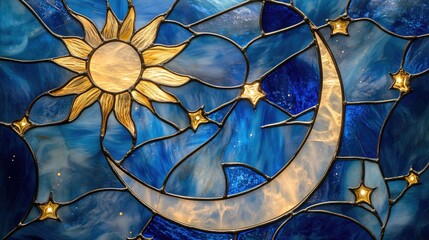 Stained Glossy glass depicting the moon, shinning stars, and shining sun in blue tones with shinning gold accents, a celestial design
