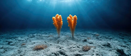 A surreal underwater volcanic vent area with unique hydrothermal features and vibrant marine life