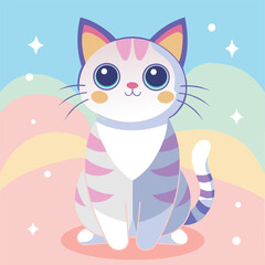 Pastel gray cat with big sparkling eyes, violet ears, pastel background