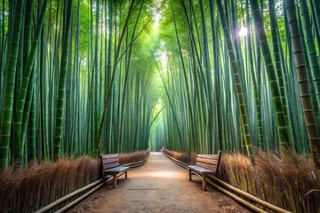 Bamboo forest path with bench