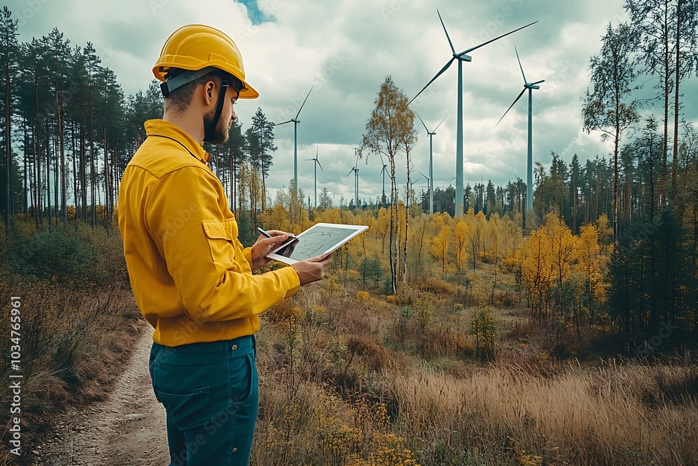 Poster engineer in a yellow helmet standing in a field with wind turbines : Generative AI