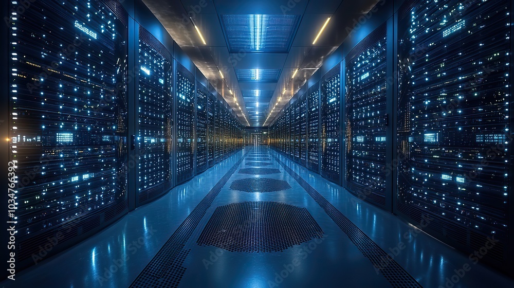 Poster image of modern dat center with server racks representing the backbone of it infrastructure.stock im