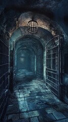 Obraz premium Dark and obscure prison, realistic image, in high definition, panoramic with all the splendour, insanely detailed and intricate
