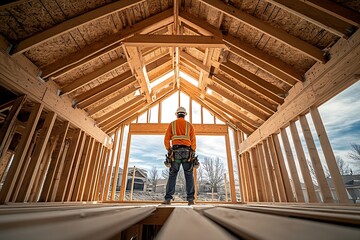Fototapeta premium a worker building a wooden house frame, the winner of a stock photo contest. : Generative AI