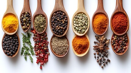 Assorted Ground Spices in Wooden Spoons
