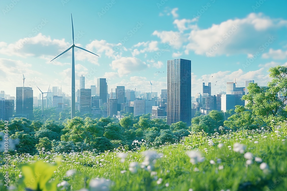 Aufkleber white wind turbines and green trees in front of modern city buildings against a blue sky background 