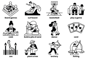 A set of illustrations in the concept of leisure activities in a line drawing style