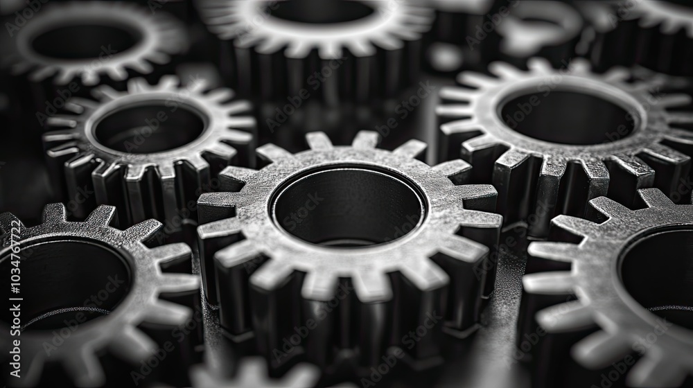 Poster interlocking gears symbolize seamless software integration representing the synchronization and coll