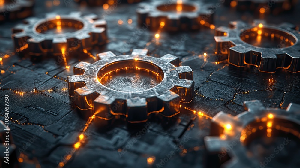 Poster interlocking gears symbolize seamless software integration representing the synchronization and coll