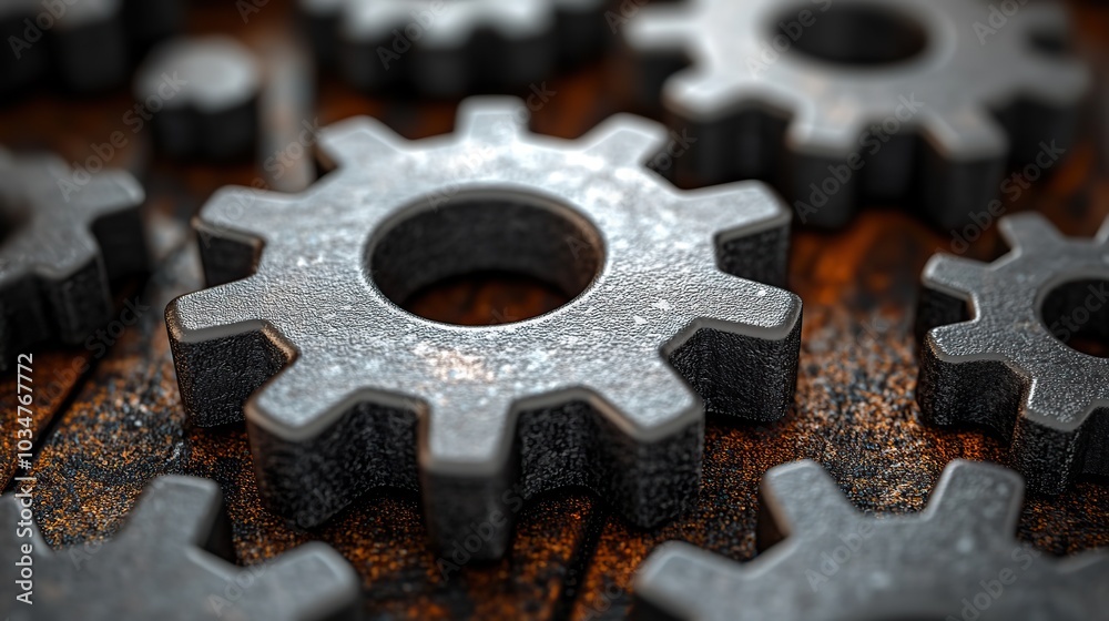Poster interlocking gears symbolize seamless software integration representing the synchronization and coll