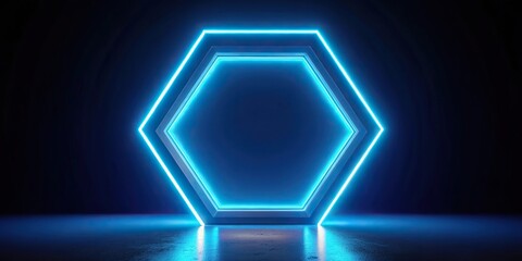 futuristic hexagonal geometric shape with glowing blue neon light