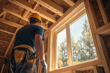 Fototapeta premium A construction worker is working on the wooden frame : Generative AI
