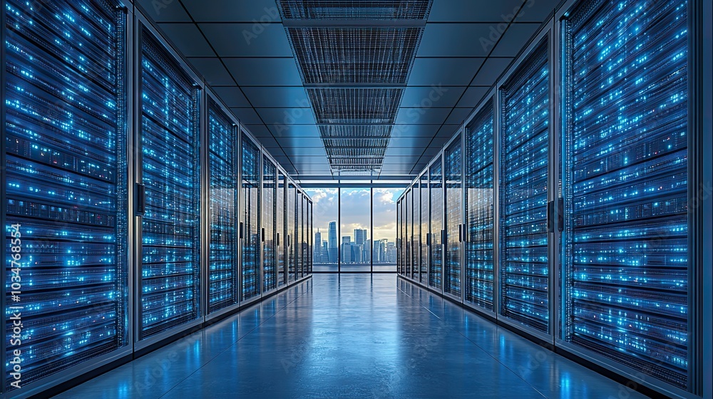 Poster image of modern dat center with server racks representing the backbone of it infrastructure.image