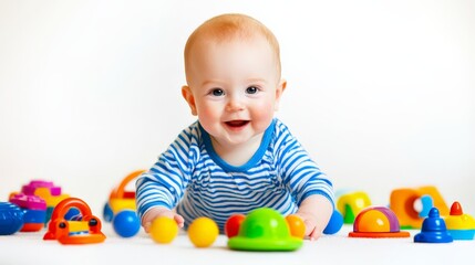 Cheerful Baby with Colorful Toys on White Background