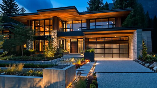 A modern home with a stone facade and large windows is illuminated at dusk in a wooded setting