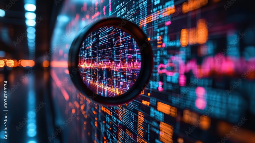 Poster magnifying glass focusing on computer screen displaying colorful dat charts and graphs with the acro