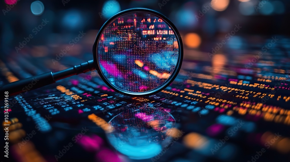 Poster magnifying glass focusing on computer screen displaying colorful dat charts and graphs with the acro