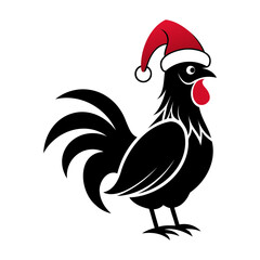 Rooster Christmas hat black and white color vector silhouette