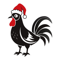 Rooster Christmas hat black and white color vector silhouette