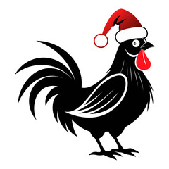 Rooster Christmas hat black and white color vector silhouette