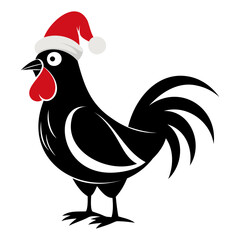 Rooster Christmas hat black and white color vector silhouette