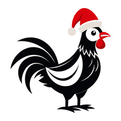 Rooster Christmas hat black and white color vector silhouette