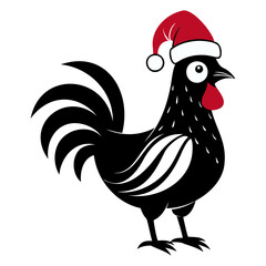 Rooster Christmas hat black and white color vector silhouette