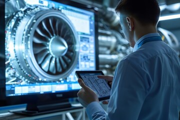 Technician analyzes jet engine performance data using a tablet and large display in a modern aviation facility