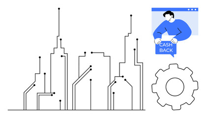 A modern urban landscape with circuit-like lines, a person holding a cashback sign, and a gear symbol. Ideal for technology, finance, urban development, automation, and innovation themes. Simple line