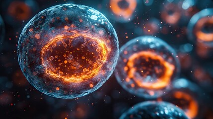 microscopic view of cells undergoing apoptosis with bright red centers representing cell death mechanisms.illustration