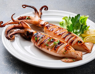 Grilled squid on a white plate