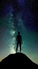 Fototapeta premium A silhouette of a person stands atop a hill, gazing at a stunning star-filled night sky with a visible Milky Way.