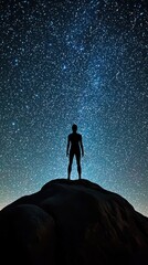 Fototapeta premium A silhouette of a person stands on a rock under a starry night sky, capturing the vastness and beauty of the universe.