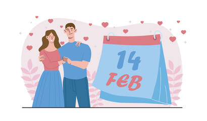 Valentines day couple. Man and woman hugging near calendar sheet with 14 february. Celebration of holiday and festival. Romance and love. Flat vector illustration isolated on white background