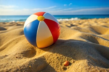 Obraz premium Beach ball on golden sand with ocean and sand texture