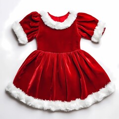 A beautiful red velvet Christmas dress for girls with white fur trim, laid flat on a clean white background, emphasizing the festive and elegant design 