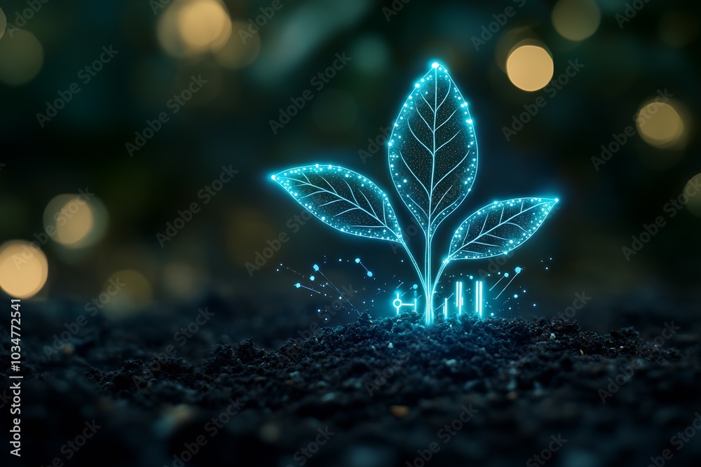Poster A digital tree sprout growing on black soil with a digital light effect background.  : Generative AI