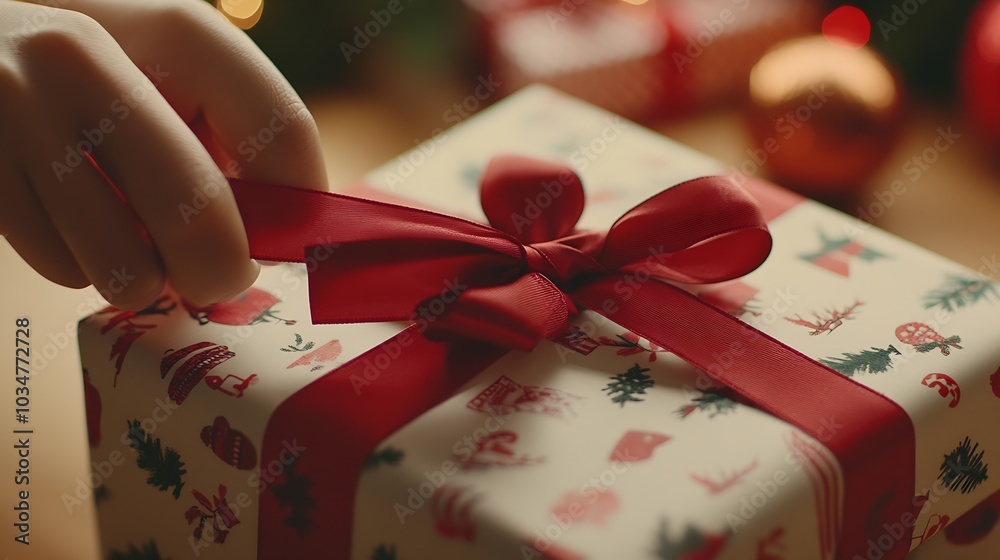 Poster hands wrapping a gift with red ribbon and festive wrapping paper. : generative ai