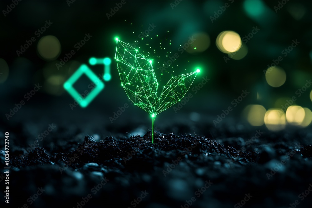 Poster photograph of a digital plant sprouting from black soil, with a green glowing data network and a fut