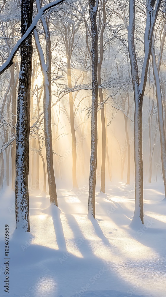 Poster a serene winter forest covered in fresh snow, with sunlight filtering through the bare trees. : gene