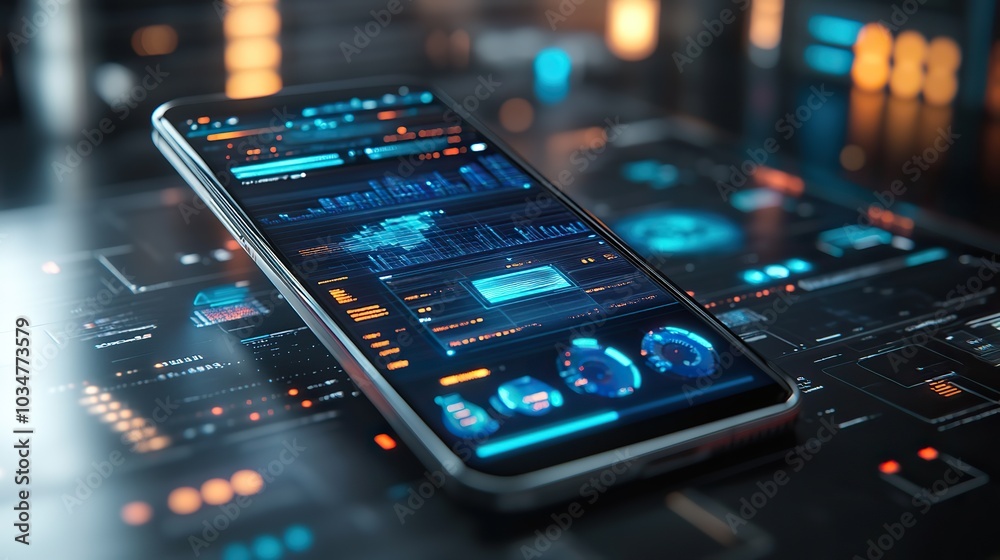 Poster modern smartphone displaying work efficiency on the screen symbolizing productivity and technology i