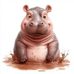 Snarky baby hippo, splashing mud with curiosity, cute style, 3D illustration